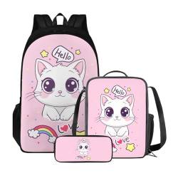 Xoenoiee Kinder-Rucksack-Set für Jungen und Mädchen, Schulrucksack, Lunchtasche, Federmäppchen, 3-in-1-Set für Schule, Picknick, Tagesrucksack, Niedliche Katze, Regenbogen-Rosa von Xoenoiee