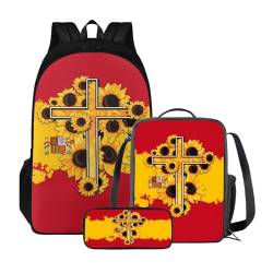 Xoenoiee Kinder-Rucksack-Set für Jungen und Mädchen, Schulrucksack, Lunchtasche, Federmäppchen, 3-in-1-Set für Schule, Picknick, Tagesrucksack, Spanien-Flagge, Kreuz, Sonnenblume von Xoenoiee