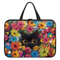 Xoenoiee Laptop-Tragetasche, tragbar, kompatibel mit Laptop, wasserdicht, Aktentasche für Damen und Herren, Bunte schwarze Katze mit Blumenmuster, 12inch von Xoenoiee