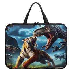 Xoenoiee Laptoptasche mit Tiger- und Dinosaurier-Aufdruck, wasserdicht, Laptop-Tragetasche, Laptop-Tasche für Damen und Herren, tragbare Aktentasche von Xoenoiee