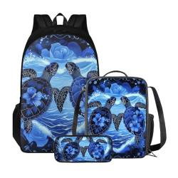 Xoenoiee Rucksack-Set für Kinder, Jungen, Mädchen, große Schultasche mit Lunchtasche, Federmäppchen für Grundschule, Blaues Schildkröten-Blumenmuster von Xoenoiee
