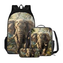 Xoenoiee Rucksack-Set für Kinder, Jungen, Mädchen, große Schultasche mit Lunchtasche, Federmäppchen für Grundschule, Elefant und Wald von Xoenoiee