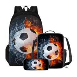 Xoenoiee Rucksack-Set für Kinder, Jungen, Mädchen, große Schultasche mit Lunchtasche, Federmäppchen für Grundschule, Feuerwasser-Fußball-Design von Xoenoiee