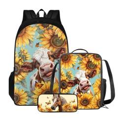 Xoenoiee Rucksack-Set für Kinder, Jungen, Mädchen, große Schultasche mit Lunchtasche, Federmäppchen für Grundschule, Kuh, Sonnenblume, Schmetterling, Pferd von Xoenoiee