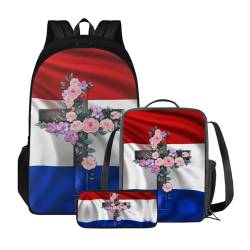 Xoenoiee Rucksack-Set für Kinder, Jungen, Mädchen, große Schultasche mit Lunchtasche, Federmäppchen für Grundschule, Niederlande Flagge Kreuz Floral von Xoenoiee