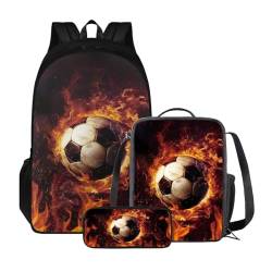 Xoenoiee Rucksack-Set mit 3 Stück, Teenager, Studenten, große Kapazität, Thermo-Lunchbox, Bleistifttasche, 3-in-1, für Jungen und Mädchen, Fußball und Feuer von Xoenoiee