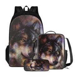 Xoenoiee Rucksack-Set mit 3 Stück, Teenager, Studenten, große Kapazität, Thermo-Lunchbox, Bleistifttasche, 3-in-1, für Jungen und Mädchen, Wolf Galaxie von Xoenoiee