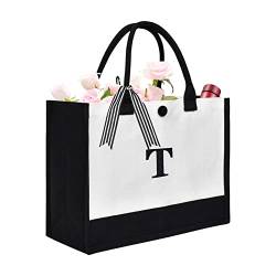 XonyiCos Große personalisierte Initiale Leinwand Geschenk Tragetasche für Frauen Hochzeit Geburtstag Tasche, Monogramm Stickerei Strandtasche Einkaufstasche (T) von XonyiCos