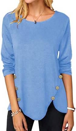 Xpenyo Damen Blusen und Tops Langarm Kleidung für Damen Rundhalsausschnitt Pullover Damen Einfarbig Pullover Loose Fit Tee Shirts Knöpfe Sweatshirts Ozeanblau M von Xpenyo