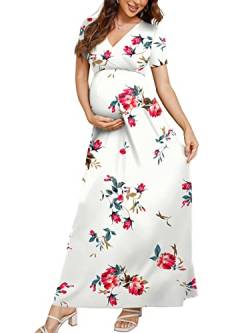 Xpenyo Damen Casual Umstandskleid Maxikleid V Wrap Baby Shower Schwangerschaft Kleider - Weiß - Mittel von Xpenyo