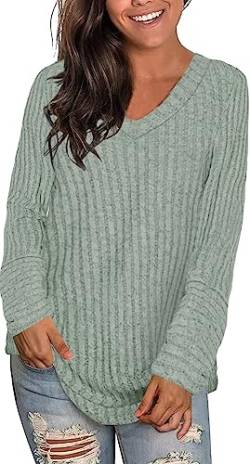 Xpenyo Damen Langarm Pullover Streifen Tops Casual V-Ausschnitt Tunika Tops Lange Shirts Grün Größe XL von Xpenyo