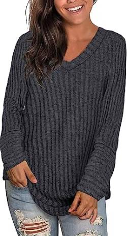 Xpenyo Damen Langarm Pullover V-Ausschnitt Sweatshirt Lässige Pullover Winter Tunika Tops Blusen Dunkelgrau XL von Xpenyo
