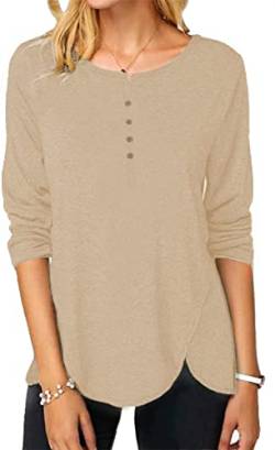 Xpenyo Damen Langarm Tops V Ausschnitt Pullover Einfarbig Sweatshirts Loose Fit Pullover Damen Winter Tee Shirts Casual Henley Shirts Helles Khaki M von Xpenyo