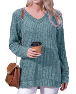 Xpenyo Damen-Langarmoberteile,lässige V-Ausschnitt-Pullover,leichte Damen-Strickpullover,See Blau,L von Xpenyo