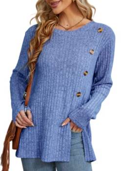 Xpenyo Damen-Langarmpullover, einfache Tuniken, klassisches Sweatshirt, locker sitzende Oberteile, Herbst, Bequeme Bluse (blau,XL) von Xpenyo