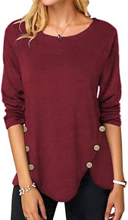 Xpenyo Damen Tunika Tops Unregelmäßiger Saum Pullover für Damen Knöpfe Kleidung Damen Langarm Blusen Winter Pullover Weinrot M von Xpenyo