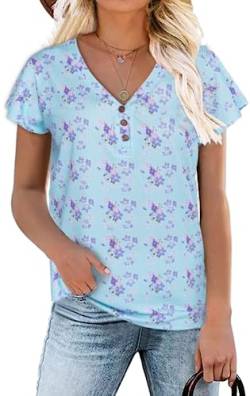 Xpenyo Damen lässige Schmetterling Kurzarm Blusen Floral Tunika Tops für Dame V-Ausschnitt Button Up Henley Shirts Blaue Blume S von Xpenyo