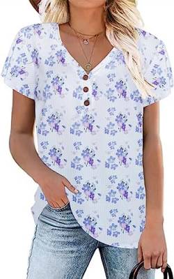 Xpenyo Damen lässige Strick T-Shirts Blütenblatt Kurzarm Blumen Damen Tanktops Sommer Sweatshirts Mode Knopf unten Bluse Einfarbig T-Shirt Weiß Blume L von Xpenyo