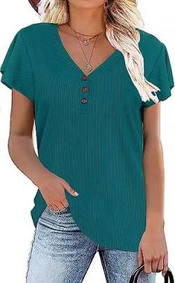 Xpenyo Kurzarm-Tops Damen Lässige Strickhemden Rüschen Sommer T-Shirts V-Ausschnitt Tunika Tanktops T-Shirt für Frauen Grün S von Xpenyo