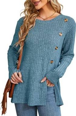 Xpenyo Langarm-Oberteile für Damen,Damen-Pullover,Knopf-Sweatshirt mit seitlichem Schlitz,Langarmshirt,blau,Größe L von Xpenyo