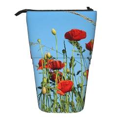 XqmarT Teleskop-Federmäppchen mit Mohnblumen-Motiv, Blauer Himmel, Standstifthalter mit Reißverschluss, Make-up-Tasche, Bleistiftbeutel, Stifttasche von XqmarT