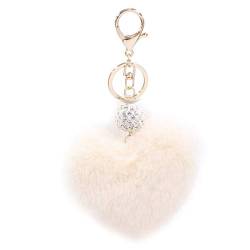 Xsclpomddy Künstliche Kaninchenhaar Flauschigen Liebesherz Pom Pom Schlüsselanhänger Glitzer Kristallstrass Taschen Koffer Rucksäcke Zubehör Charm Auto Schlüsselring für Mädchen,Beige von Xsclpomddy