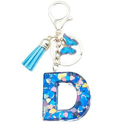 Xsclpomddy Mädchen Alphabet Buchstaben Schlüsselanhänger Niedlich Schlüsselanhänger Glitzer mit Schmetterling Quasten Harz Blau Keychain für Tasche Charme,D von Xsclpomddy