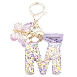 Xsclpomddy Mädchen Alphabet Buchstaben Schlüsselanhänger Niedlich Schlüsselanhänger Glitzer mit Schmetterling Quasten Harz Keychain für Tasche Charme,violett M von Xsclpomddy