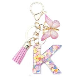 Xsclpomddy Mädchen Alphabet Buchstaben Schlüsselanhänger Niedlich Schlüsselanhänger Glitzer mit Schmetterling Quasten Harz Rosa.Keychain für Tasche Charme,K von Xsclpomddy