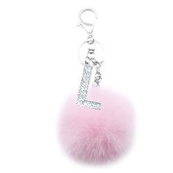 Xsclpomddy Pom Pom rosa. Schlüsselbund künstliche weiche Kaninchenhaar Taschenanhänger Ball Schlüsselanhänger mit Buchstabe A-Z für Handtasche Dekoration,pink L von Xsclpomddy