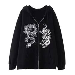 XuanXmy Frauen Chinesischer Stil Dragon Print Reißverschluss Sweatshirt Street Trend Hip Hop Sport Hoodie Herbst Und Winter Fleece Thermojacke Schwarz 1 M von XuanXmy