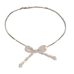 Xuanxi Halsketten, Schleifen-Anhänger, Schlüsselbein-Kette für Frauen und Mädchen, Nachahmungsperlen, Perlen-Halskette, handgefertigt, verstellbare Schlüsselbeinkette, Schmuck, Kunstperlen von Xuanxi