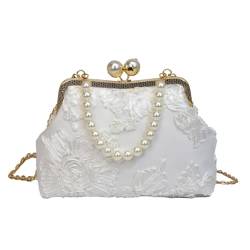 Xuanxi Taschen für Damen, Vintage-Blume, Kussschloss, Abendtasche mit abnehmbarer Metallkette, elegante Handtasche mit Perlen, Crossbody-Tasche für Party, weiß von Xuanxi