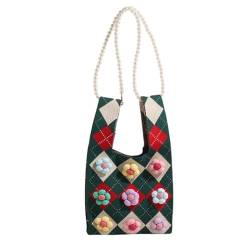 Xuanxi Taschen für Damen, elegante Perlenkette, Umhängetasche, Umhängetasche mit Rautenmuster, niedliche Blumen-Handtasche, vielseitig und modisch für Damen, grün von Xuanxi