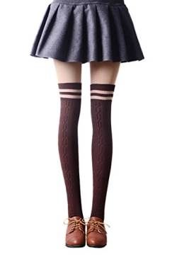 XueXian(TM) Damen Mädchen Overknee Strümpfe Kniestrümpfe mit Zwei Streifen Überknie Socken(Braun) von XueXian(TM)