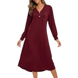 Xuepelit Nachthemd Damen Langarm Baumwolle Oversize Schlafshirt Stillnachthemd mit Knopfleiste Lang Sexy Nachtwäsche Unterkleid Große Größe Für Frauen Pyjamas Kleid ，Rot XL von Xuepelit