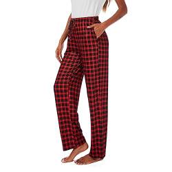 Xuepelit Pyjamahose Damen lang Schlafshorts Winter Schlafhosen langarm Kariert Baumwolle Hose Schlafhose Schlafanzughose,Rot,M von Xuepelit