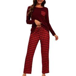 Xuepelit Schlafanzug Damen Langarm Pyjama Set Zweiteiler Loungewear Lang NachtwäSche Schlafshirt，Rot S von Xuepelit