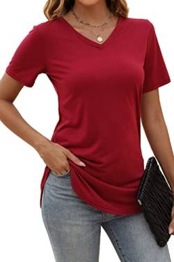 Xuepelit T-Shirt Damen Oberteile Top Oversize Sommer Kurzarm Bluse Baumwolle Tops für Damen，Tiefrot，L von Xuepelit