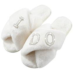 Xuhal Braut Hausschuhe I Do Hausschuhe Damen Hochzeitsschuhe für Braut Plüsch Pelzig Warm Gemütlich Weiß Hausschuhe Offene Zehen Flauschige Braut Party Hochzeit Hausschuhe Fuzzy Soft House Slippers von Xuhal