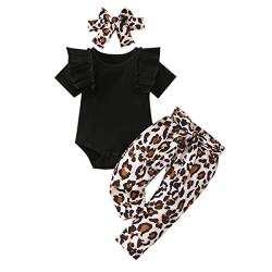 Xumplo Baby Mädchen Kleidung Sommer Outfits kurze Rüschen Ärmel Top Strampler + Leoparden Hose + Stirnband Kleinkind Bekleidungsset (6-12Monate, Schwarz-3) von Xumplo