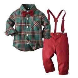 Xumplo Kleinkind Baby Anzug Junge Kinder Gentleman Anzug Xmas Outfit Smoking Plaid Hemden Langarm Hosenträger Hosen Set mit Fliege 1-2 Jahre/90 von Xumplo