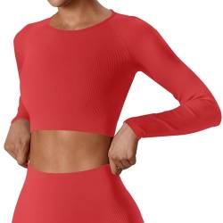 Damen Langarm Sportshirt Crop Top Seamless Funktionsshirt Sport Oberteile Yoga Fitness Gym Shirt Tshirt Laufshirt Atmungsaktiv Rot - M von Xunerloy
