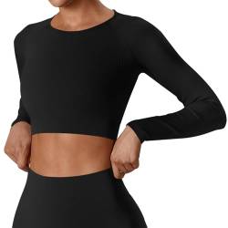 Damen Langarm Sportshirt Crop Top Seamless Funktionsshirt Sport Oberteile Yoga Fitness Gym Shirt Tshirt Laufshirt Atmungsaktiv Schwarz - M von Xunerloy