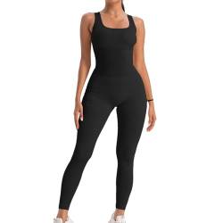 Gerippte Jumpsuit Damen Lang Eng Ärmellos Sport Yoga Bodycon Einteiler Body Elegant Eckigem Ausschnitt Fitness Gym Overall Hosenanzug Trainingsanzug Schwarz S von Xunerloy