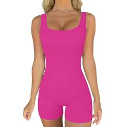 Jumpsuit Damen Kurz Eng Ärmellos Sport Yoga Einteiler Bodysuit Overall Bodycon Romper Sommer Gerippte Sportanzug Ganzkörperanzug Trainingsanzug Shorts Outfits Pink M von Xunerloy