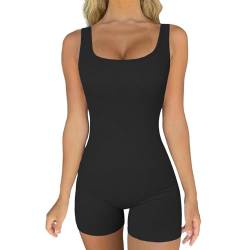 Jumpsuit Damen Kurz Eng Ärmellos Sport Yoga Einteiler Bodysuit Overall Bodycon Romper Sommer Gerippte Sportanzug Ganzkörperanzug Trainingsanzug Shorts Outfits Schwarz M von Xunerloy