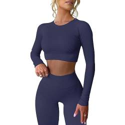 Langarmshirt Damen Sport Oberteile Nahtlos Yoga Crop Top Gerippte Fitness Gym Oberteil Shirt Frauen Laufshirt Eng Marineblau S von Xunerloy