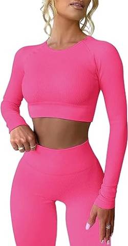 Langarmshirt Damen Sport Oberteile Nahtlos Yoga Crop Top Gerippte Fitness Gym Oberteil Shirt Frauen Laufshirt Eng Pink M von Xunerloy