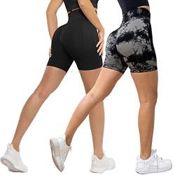 Xunerloy 2er-Pack Scrunch Butt Sport Gym Shorts Damen Kurze Sporthose Leggins Radlerhose Kurz Push Up Sportshorts High Waist Seamless Yoga Fitness Biker Shorts Blickdicht Contour Batik Schwarz - S von Xunerloy